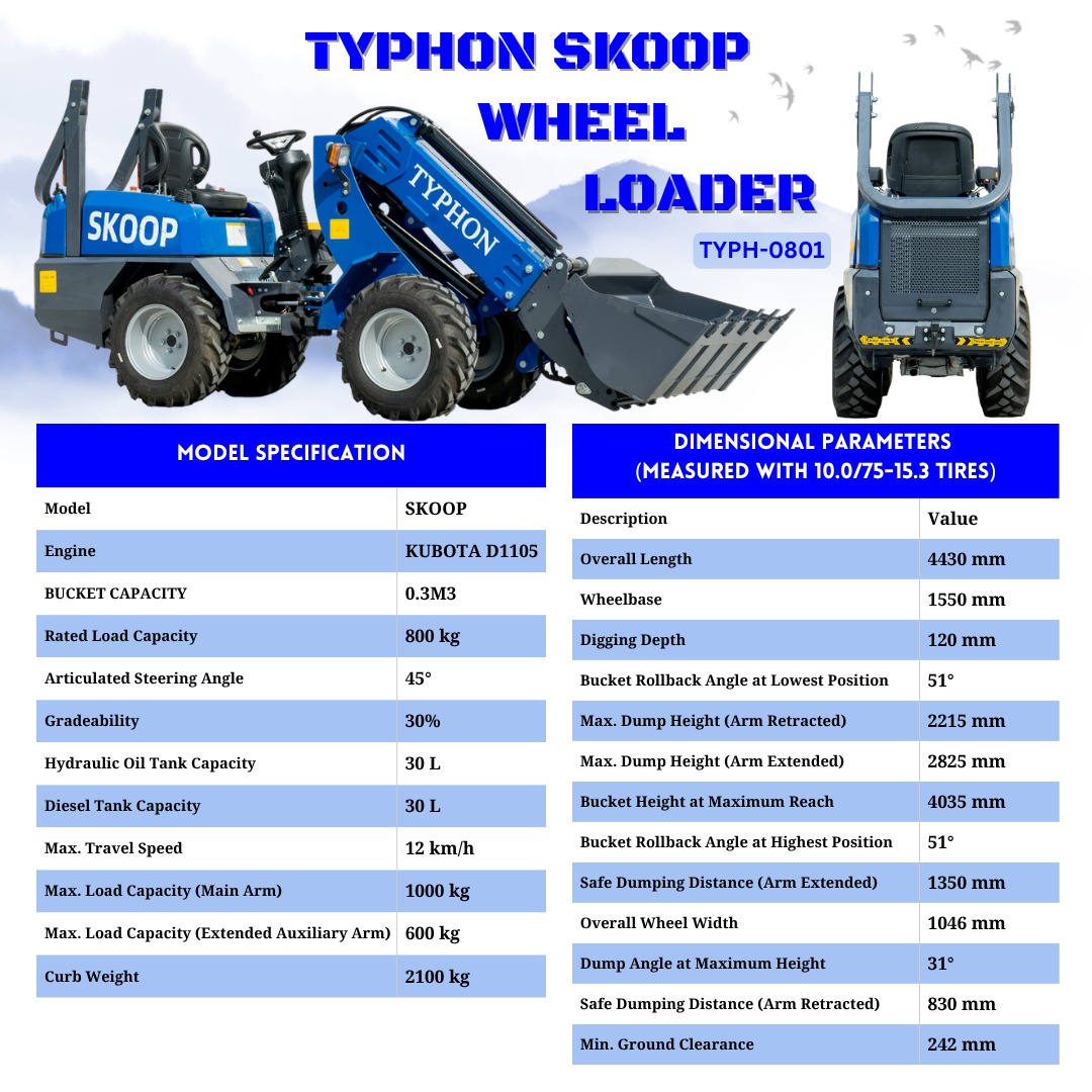New TYPHON Telescopic Wheel Loader with Kubota D1105 engine 25 hp 1 ton Load USA