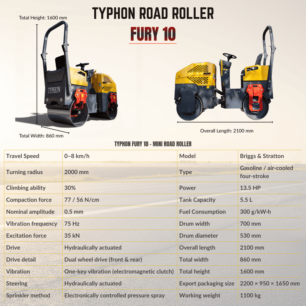TYPHON Fury 10 Mini Road Roller 1Ton Hydraulic oil B&S 13.5hp gas USA air-cooled