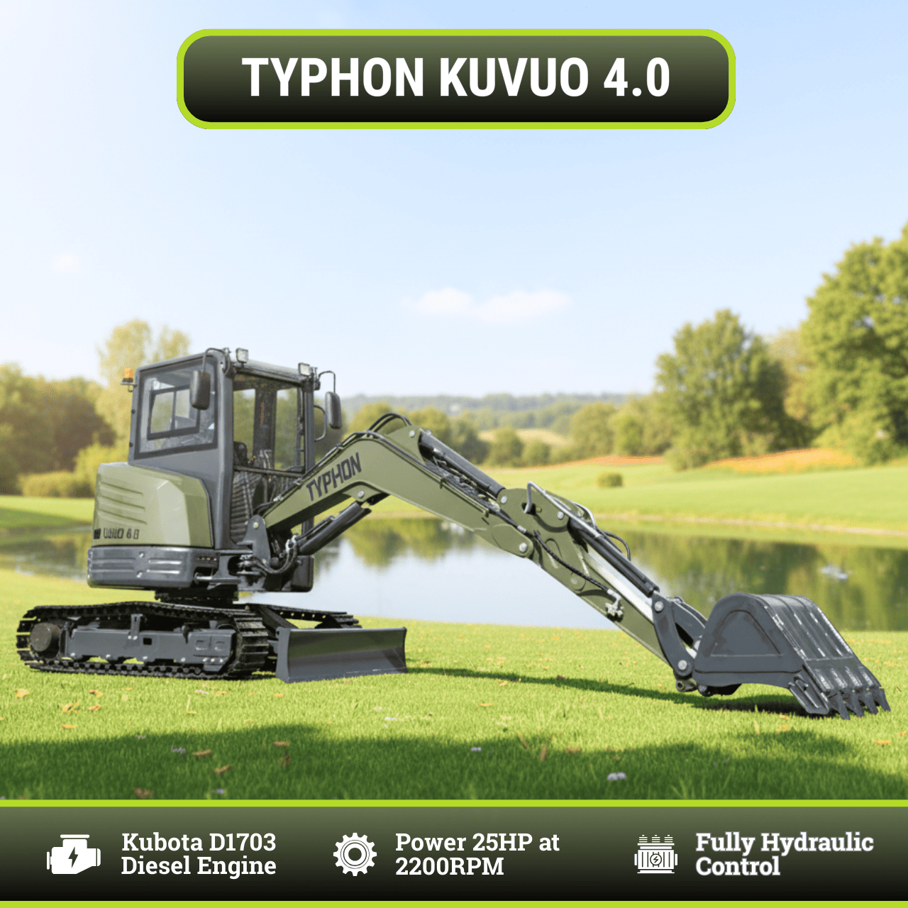 TYPHON KUVUO 4.0 four ton cabin mini excavator w Kubota D1703 Diesel engine Metal Tracks, Boom Swing, AC Heater, Hydraulic Control