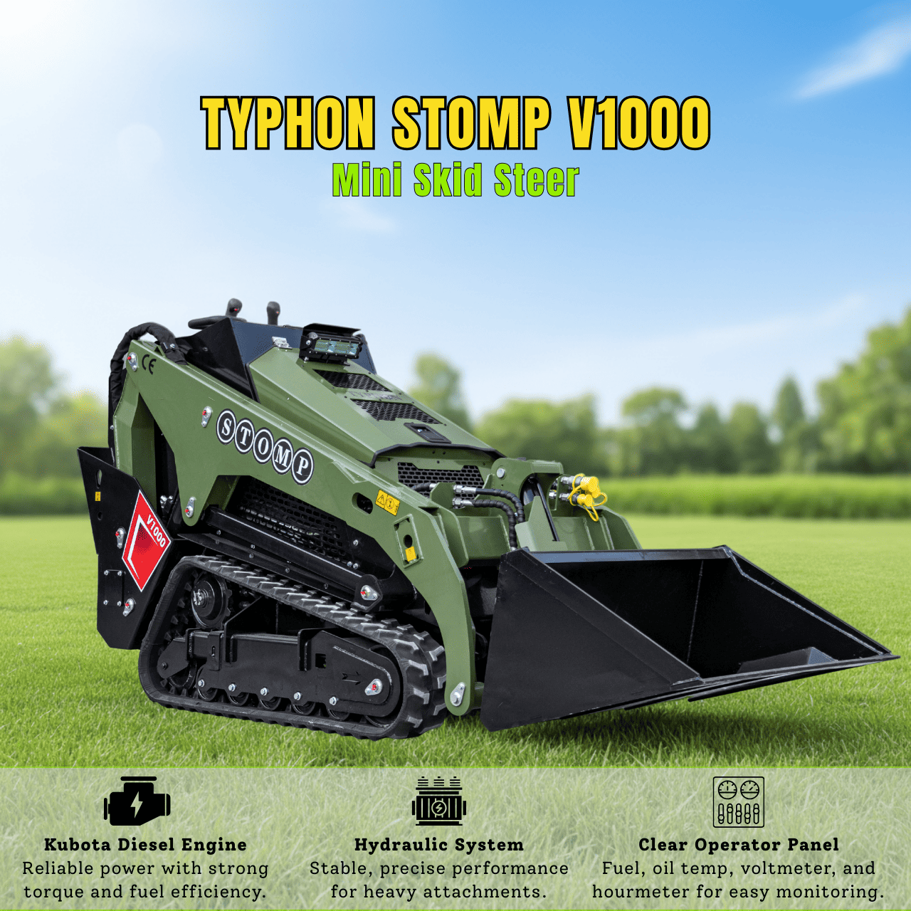 TYPHON Stomp V1000 24HP Kubota D1105 Water Cooled Diesel Skid Steer Pilot Control
