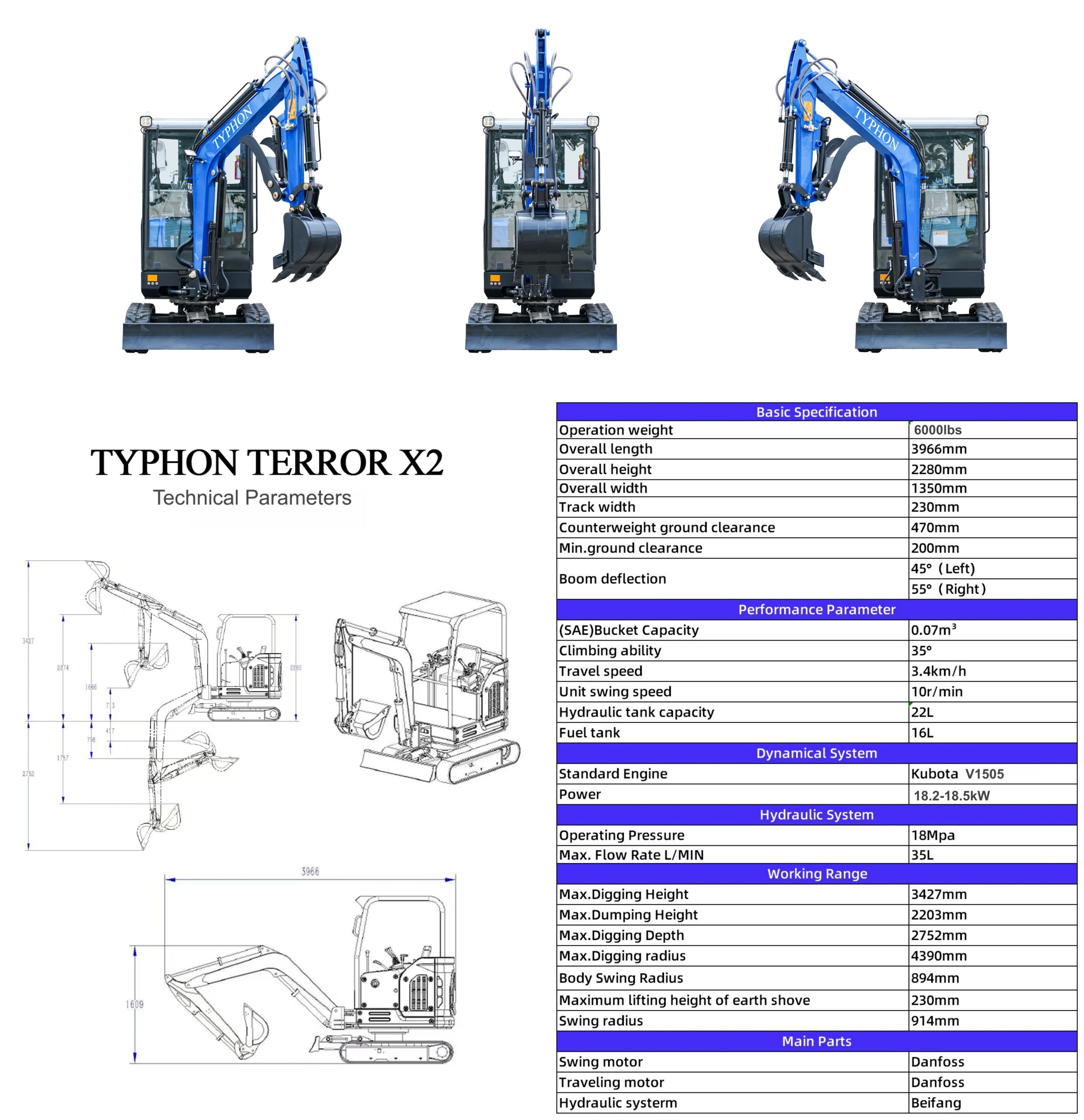 TYPHON TERROR X2 Mini Excavator 2.7 Ton EPA Diesel Kubota V1505 Engine USA
